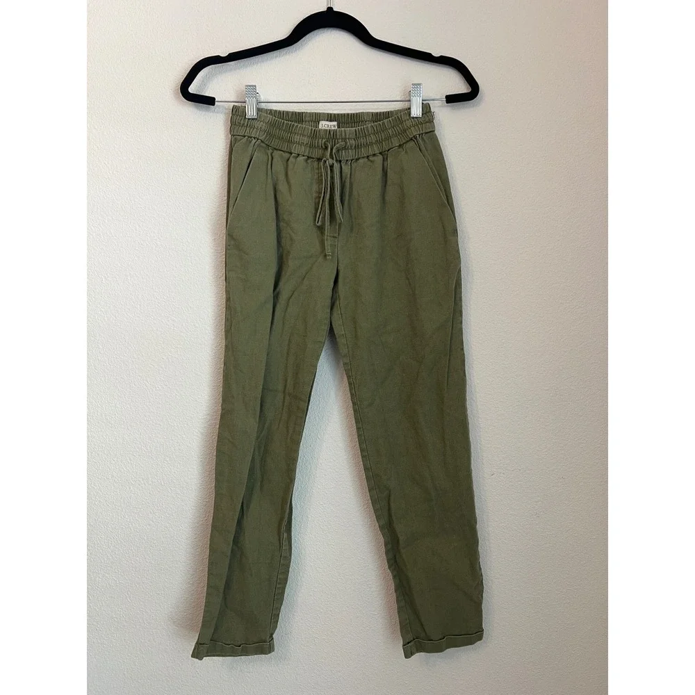 J.Crew Womens Olive Green Linen‎ Blend Drawstring Waist Casual Pants Size 00